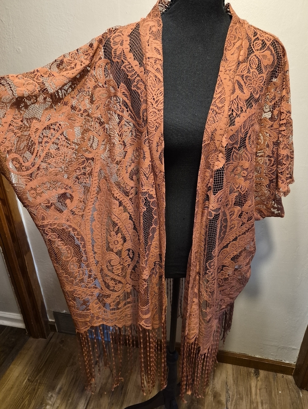 Emerette Boho Rust Orange Fringe Kimono Medium Festival Hippie